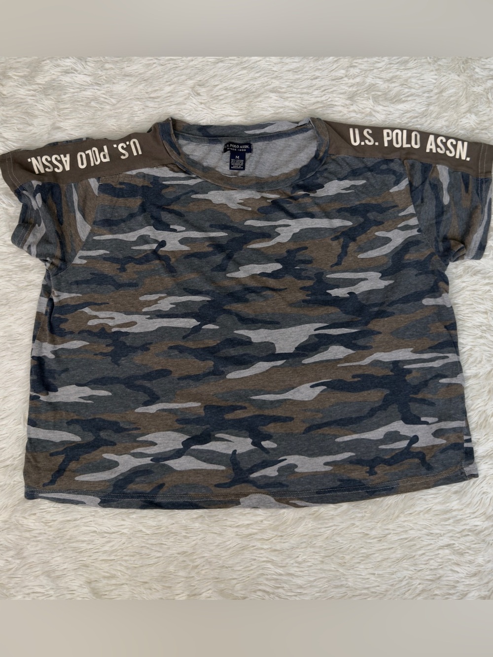 U.S. Polo Assn. Camouflage Crop Top in Olive, Gray, Navy